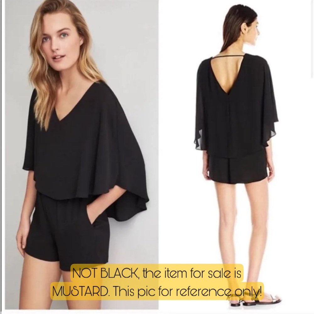 BCBG Max Azria Carie Romper Cape Sleeve Mustard Yellow Gold V-Neck Flutter M - Picture 4 of 4
